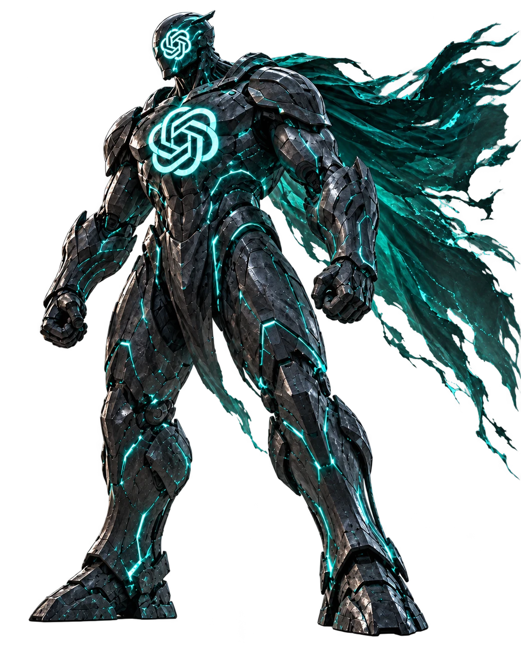 Openator, a dark-armored champion with cyan energy